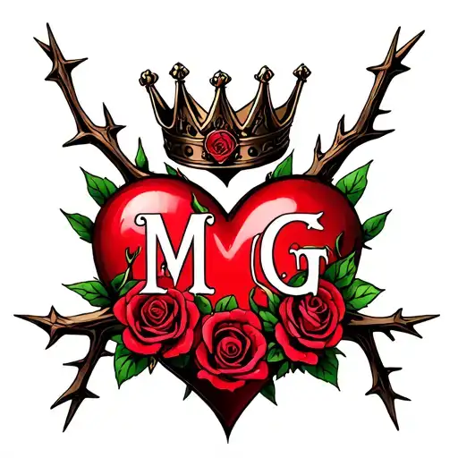 "M G" heart intertwined with roses and thorns with a crown and Gothic letters tattoo design idea