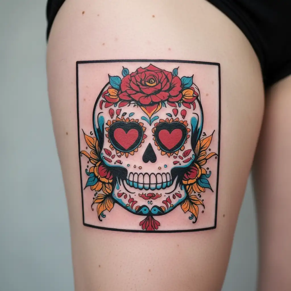 White sugar skull tattoo; heart eyes; red/blue/yellow flourishes; symmetrical; clean stencil; no background; no fabric. tattoo design idea