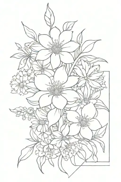 Flower bouquet tied with daffodils daisy Chrysanthemum violets asters  tattoo design idea