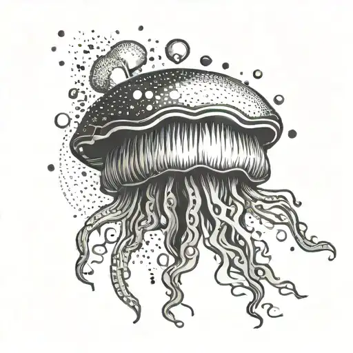 A cosmic jellyfish tattoo symbolizing adaptability and resilience, with a hint of technological elements to reflect the client's IT background tattoo design idea
