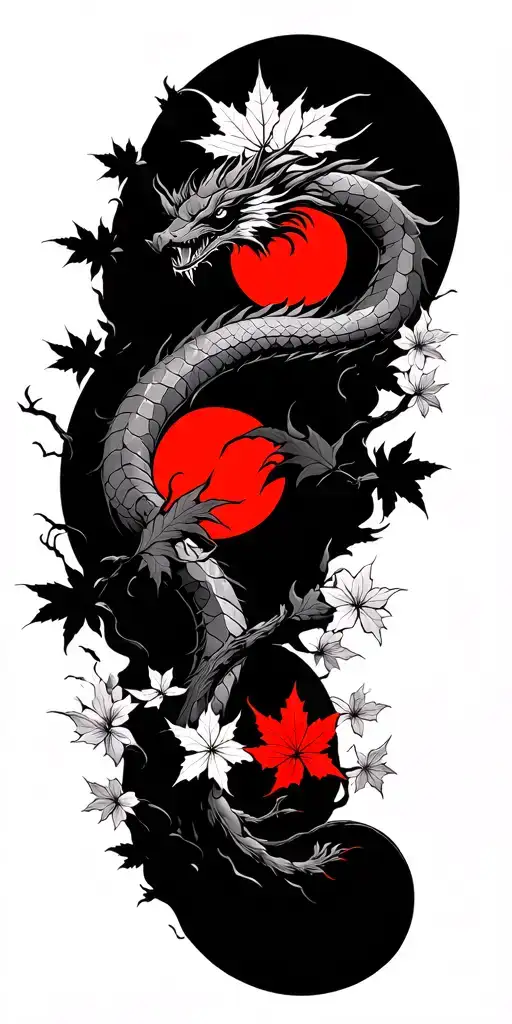Japanese style maple leafs and cherry blossoms with black and amber shading cloud background with red moon and dragon  tattoo design idea