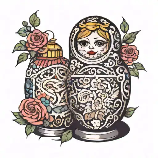 Russian nesting doll being dismembered into core elements   tattoo design idea