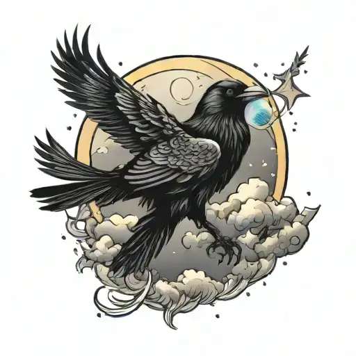 crow perched on moon stars clouds tattoo design idea