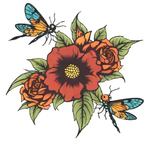 dragon fly and humming bird with ladybug sitting side by side tattoo design idea