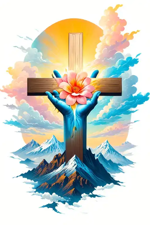 Cross, god hands, flowers, clouds, mountain peak tattoo design idea