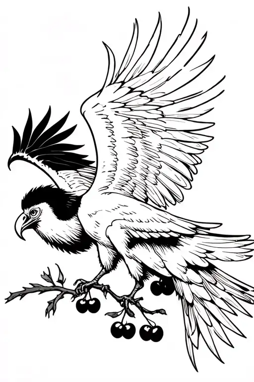 “A black vulture flying while holding a branch of coffee cherries in its claws, wearing the mask of Princess Mononoke. T tattoo design idea