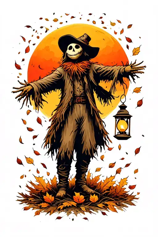 scarecrow surrounded by falling autumn, holding a lantern in front of a sunrise. tattoo design idea