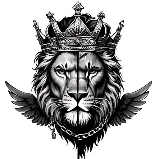 half face of man and half face of lion wearing crown and add wings and dumbell and chains and add qoute scars are proof  tattoo design idea