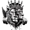 half face of man and half face of lion wearing crown and add wings and dumbell and chains and add qoute scars are proof  tattoo design idea