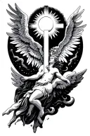 Sun with A cross inside and below Icarus falling angel tattoo design idea