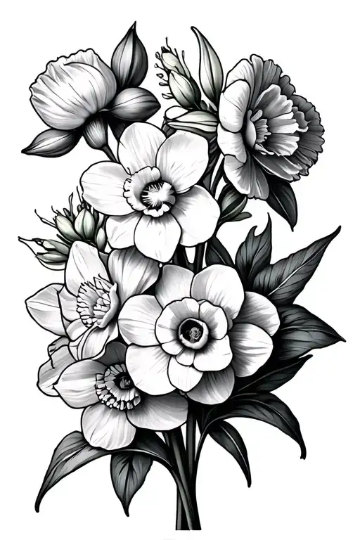 daffodils, sweet peas, crysanthanums, carnations flowers tattoo design idea