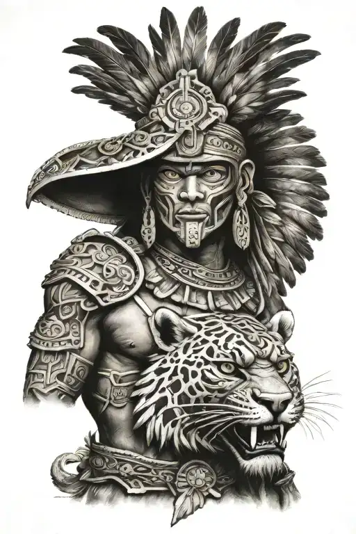 Aztec jaguar warrior with Quetzalcoatl warrior human tattoo design idea