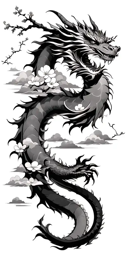 dragon that wraps around the arm with clouds and cherry blossom tree tattoo design idea