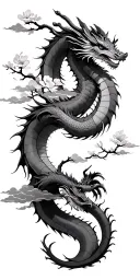dragon that wraps around the arm with clouds and cherry blossom tree tattoo design idea