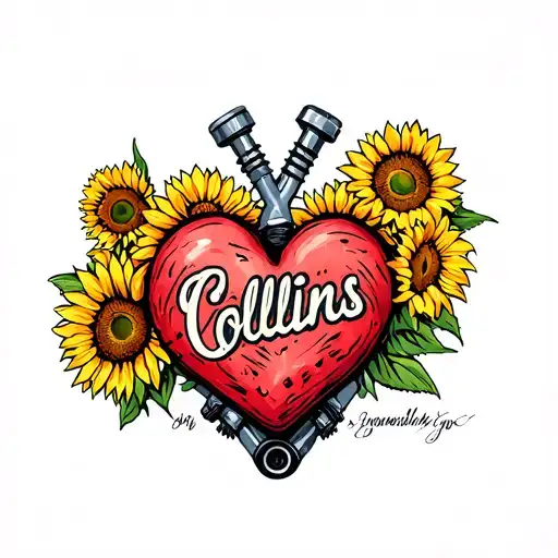 heart with word collins and bike parts and sunflowers  tattoo design idea