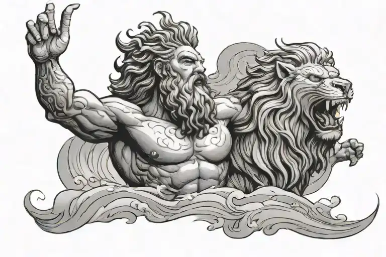 poseidon god, lion roaring, clouds and waves background tattoo design idea