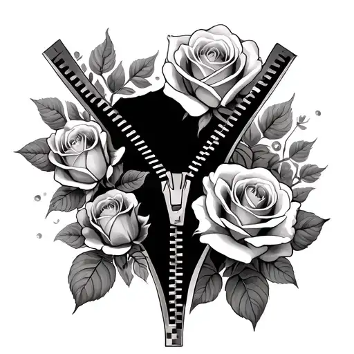 zipper partially open with roses and growing tattoo design idea