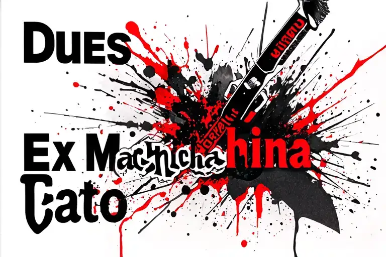 Dues Ex Machina text with stiletto knife tattoo design idea