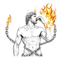Prometheus in chains with flames licking at him, minimalist sketchbook tattoo style, fine linework + subtle shading. tattoo design idea
