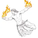 Prometheus in chains with flames licking at him, minimalist sketchbook tattoo style, fine linework + subtle shading. tattoo design idea