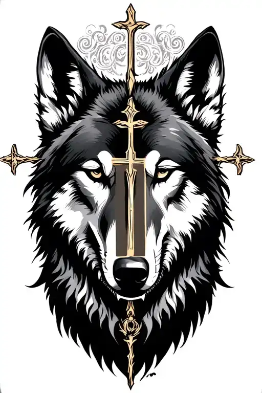wolf Roman catholic cross tattoo design idea