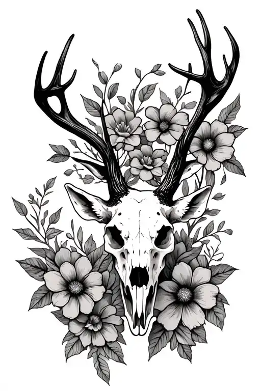 deer skull flowers growing tattoo design idea