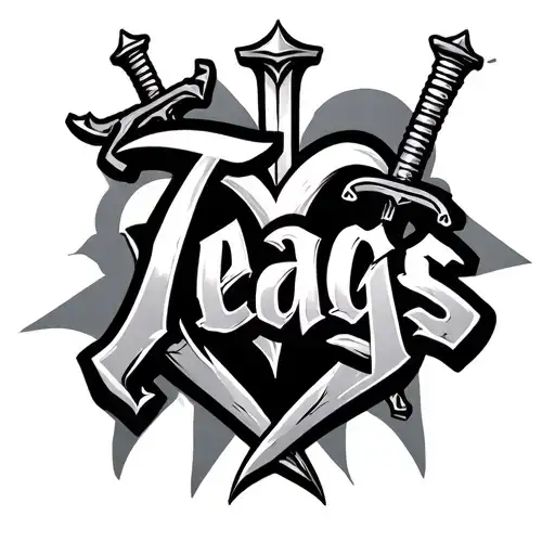 the name Teags in graffiti letters with a double ended sword in a heart with masculine gang background behind it  tattoo design idea