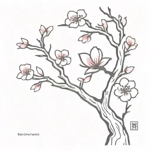 A minimalist tattoo design of a traditional Japanese cherry blossom tree with a subtle Kpop reference hidden within the branches tattoo design idea