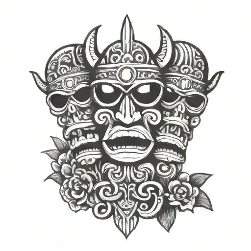 tiki and Viking totem pole three heads, one with sunglasses, illuminati symbols, eyes,octopus tentacles,waves, foliage tattoo design idea