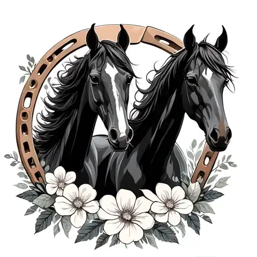 4 horses in a horseshoe flower wreath tattoo design idea