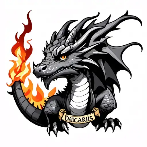 A small dragon with flaming small fire on a collar with the inscription Dracaris, black white tattoo design idea
