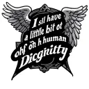 Lettering "I still have a little bit of human dignity", framed by two angel's wings tattoo design idea