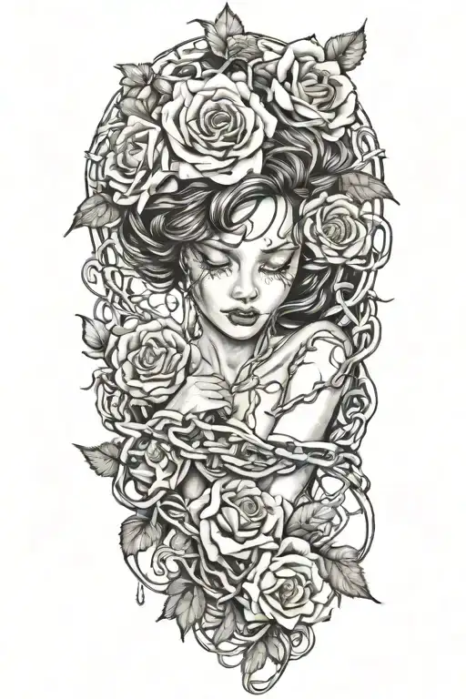 Naked girl, intertwined roots growing from chains on wrist, roses with sharp vines tattoo design idea