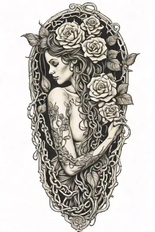 Naked girl, intertwined roots growing from chains on wrist, roses with sharp vines tattoo design idea