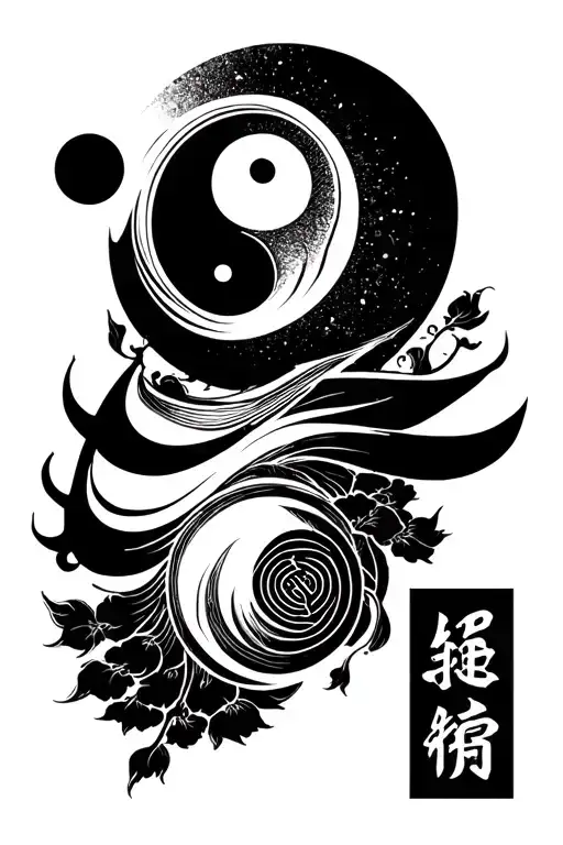 "陰" yin principle with kanji and yinyang hexagrams tattoo design idea