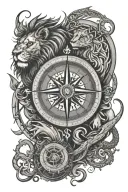 compass ,lion , dragon tattoo design idea