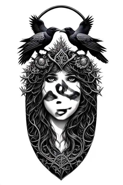 triple goddess, ravens, the Morrigan, Irish tree of life tattoo design idea