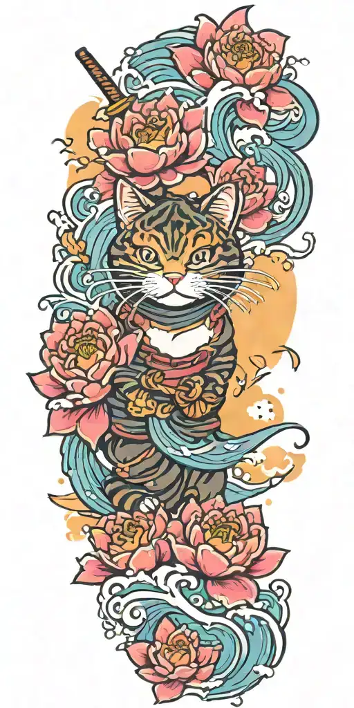 happy ninja cat katana, water, waves, lotus, sakura, clouds, whirlpool, leaves, peony, sunset tattoo design idea