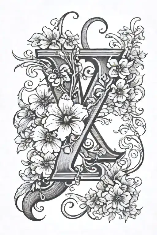 The letter V surronded by viola odora flowers tattoo design idea