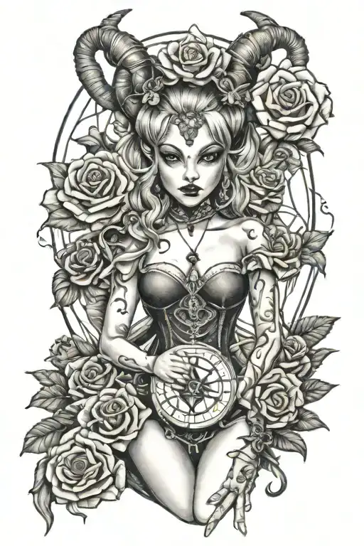 she devil holding puppeteer, with background of all seeing eye, dice, money, roses tattoo design idea