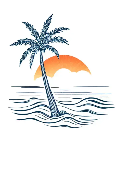 Palm tree with calm waves and sunrise tattoo design idea