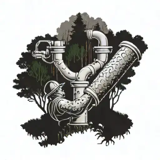 A plumber fixing a broken pipe in a mystical forest setting tattoo design idea