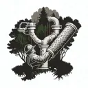 A plumber fixing a broken pipe in a mystical forest setting tattoo design idea