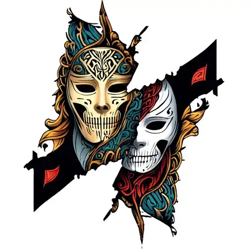 mask and maze torn in half tattoo design idea