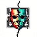 mask and maze torn in half tattoo design idea