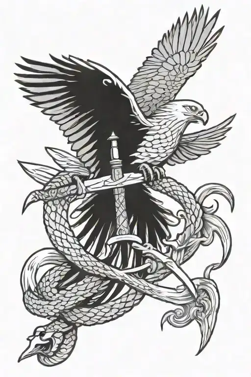 Snake wrapped around a sword  while an eagle is fighting it  tattoo design idea