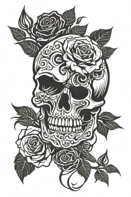 skull and roses intertwined tattoo design idea