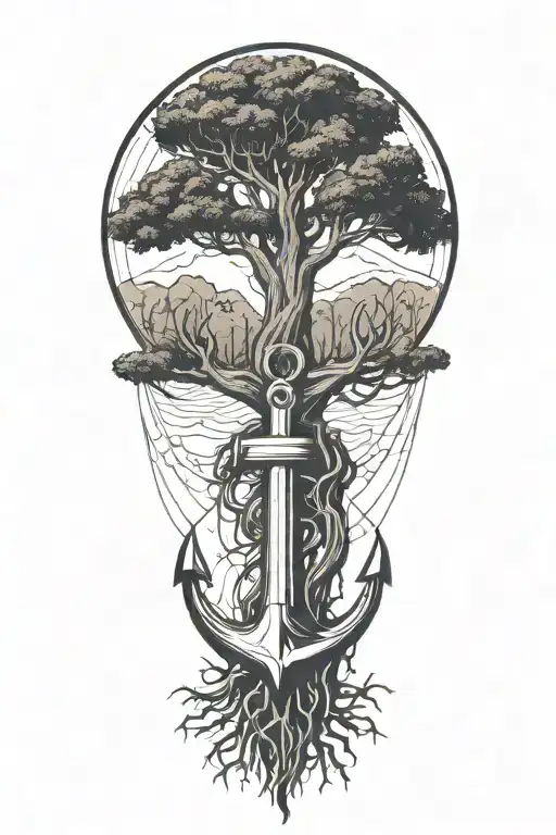 Cypress tree with roots shaped like an anchor tattoo design idea