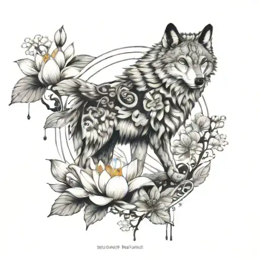 lotus sakura and wolf all in realism in Japanese style, the picture should be alive, there will be a sleeve tattoo design idea