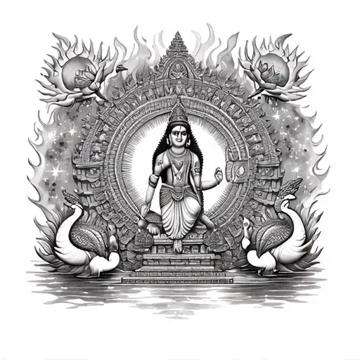 1.	Top Section: A detailed temple gopuram with intricate carvings, radiating divine light downward. 2.	Center: Nataraja in a dynamic pose, surrounded by a circle of flames and cosmic patterns. 3.	Left Side: Lord Murugan standing with his vel, accompanied by peacocks and lush greenery. 4.	Right Side: Goddess Meenakshi in a graceful pose, with lotus and fish motifs blending into the river below. 5.	Bottom Section: River Kaveri flowing with blooming lotuses and a Thirukkural verse in Tamil script. 6.	Background: Stars, galaxies, and kolam-inspired patterns tying everything together. tattoo design idea